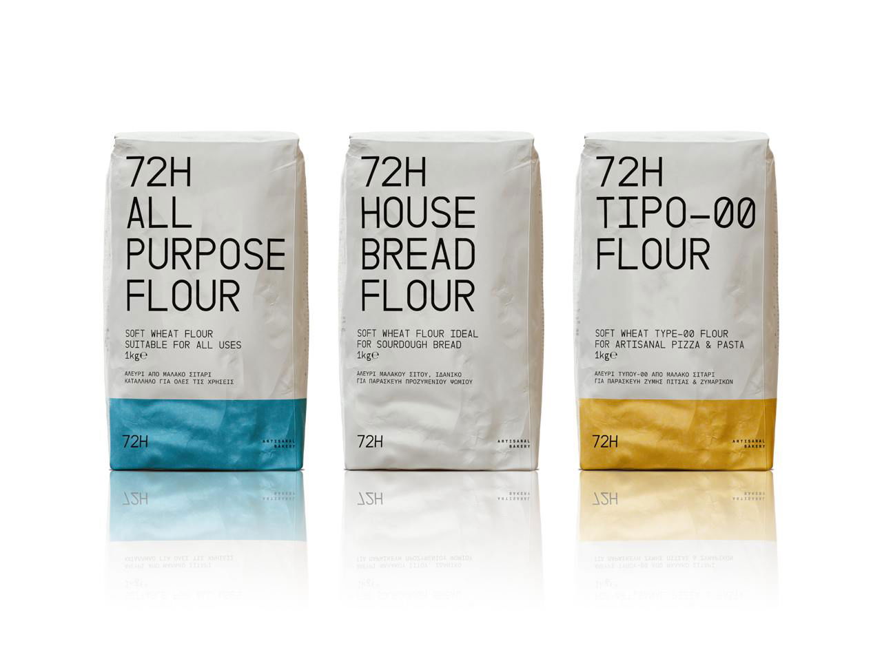 Три пачки муки 72H с отражением на поверхности: минимализм в цвете и крупные вертикальные надписи моноширинным шрифтом.