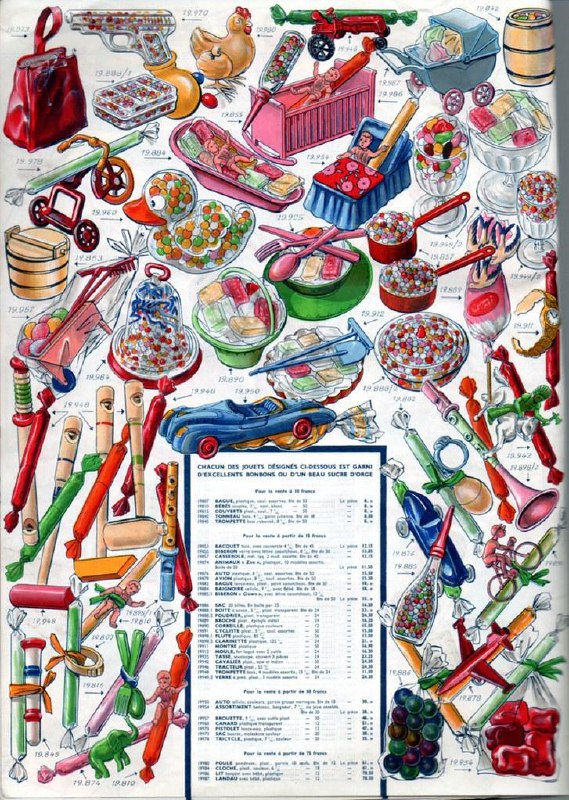 Страница каталога с маленькими игрушками и сладостями: кукольные кроватки, машинки, конфеты в стеклянных вазах и декоративные наборы в яркой палитре.