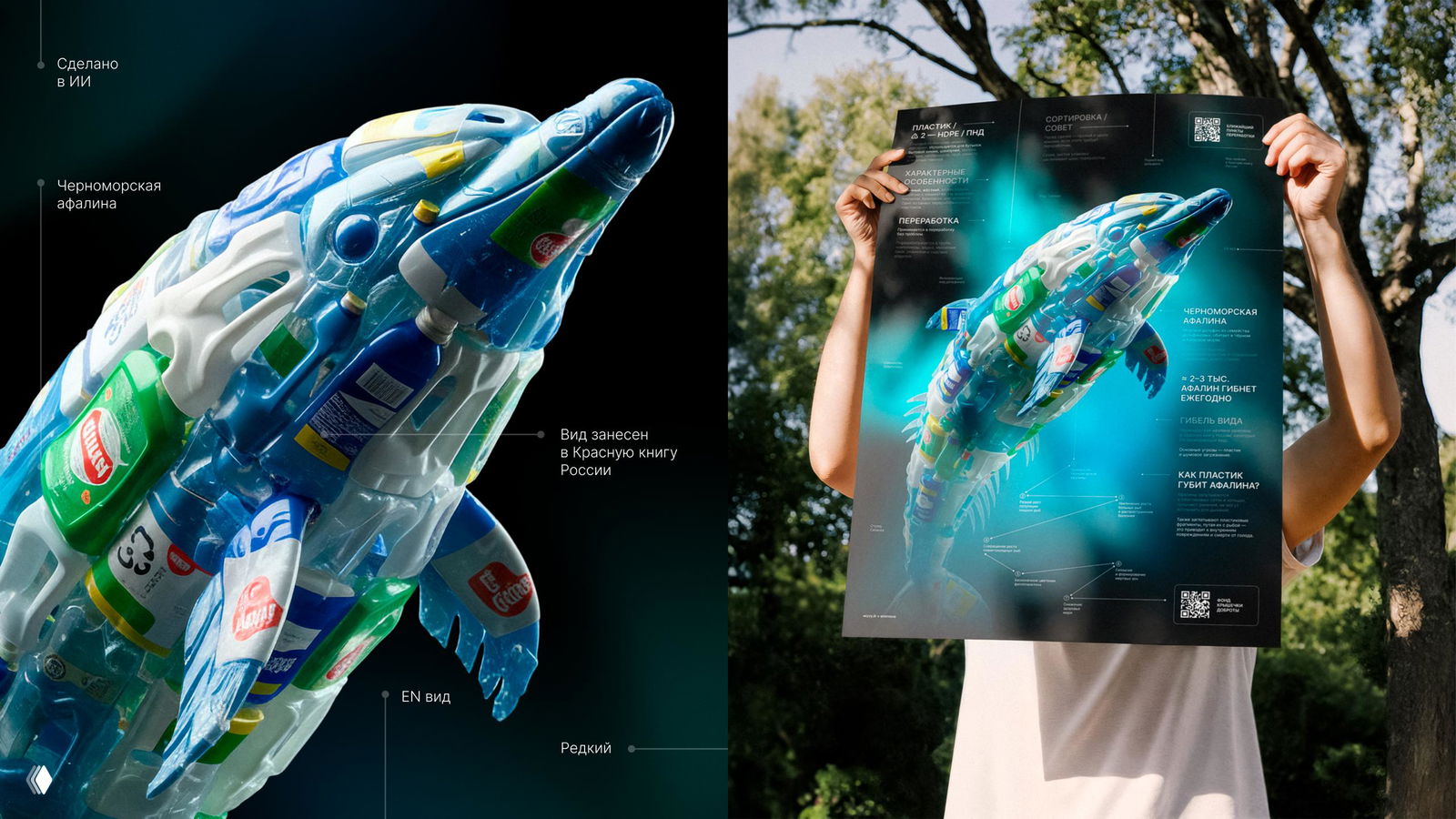 Крупный план: макет плаката с афалиной из пластиковых бутылок и фотография человека, держащего плакат для демонстрации масштаба и применения в печати.