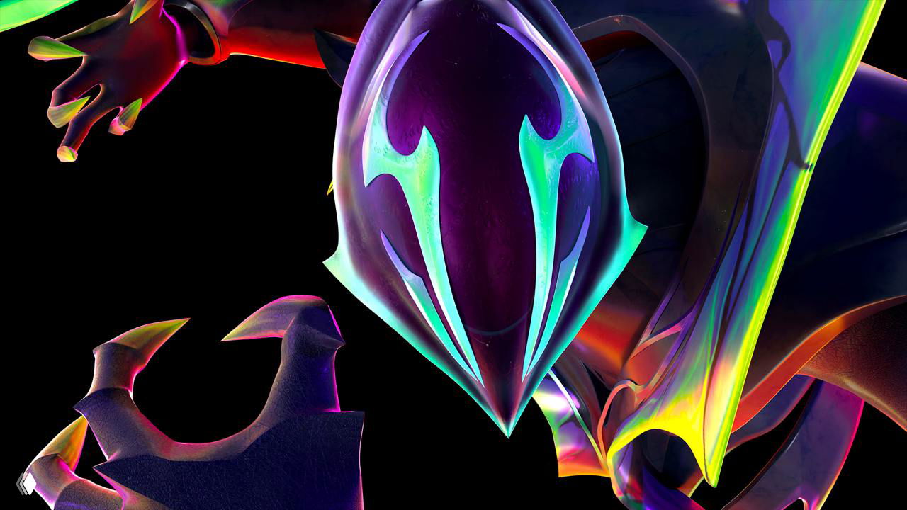 Абстрактная иллюстрация персонажа или трофея в неоновых окрасках на чёрном фоне, плавные градиенты и киберпанковая эстетика в деталях.