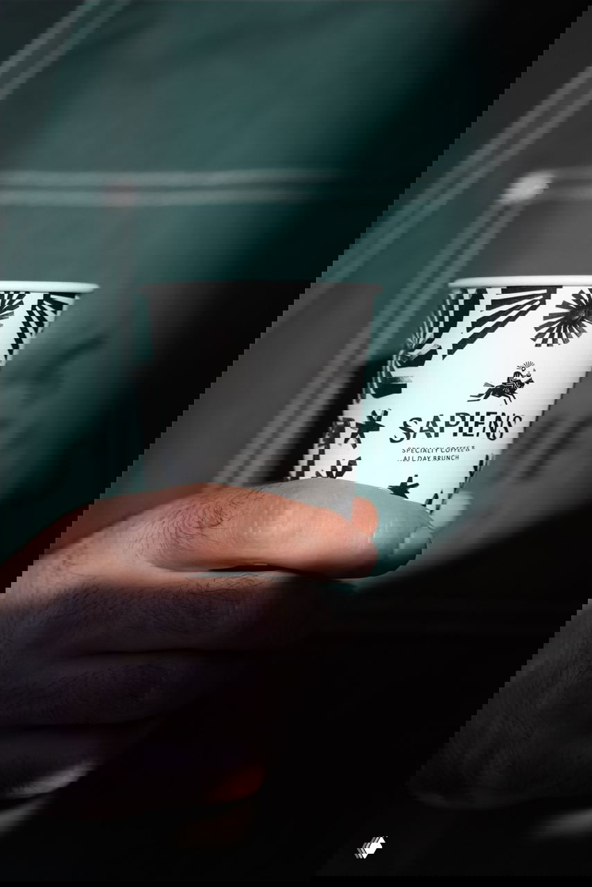 Рука держит бумажный стакан Sapiens с линогравюрным узором; на заднем плане размытый зелёный элемент фирменной айдентики.