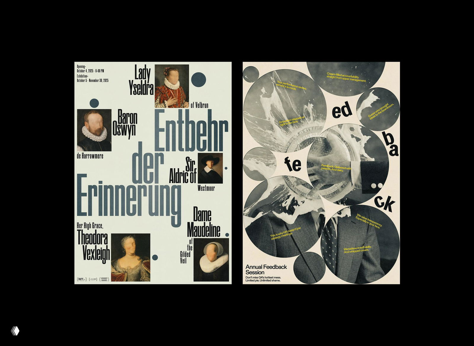 Две страницы с парой плакатов: крупная типографика, коллажные фотографии и декоративные круглые элементы на светлом фоне.