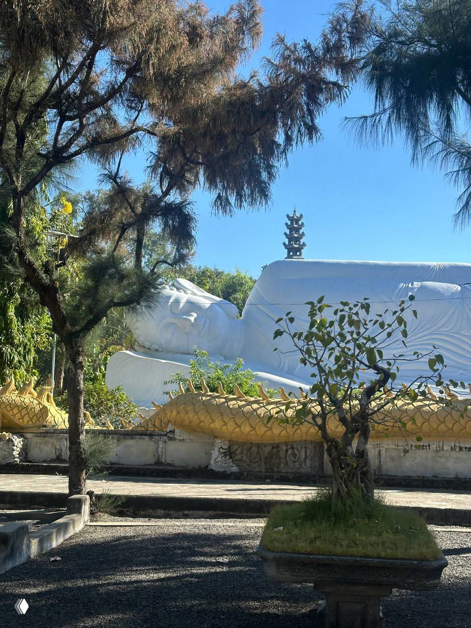 Белая статуя лежащего Будды в саду или храме под ясным голубым небом, вокруг деревья и тропическая растительность