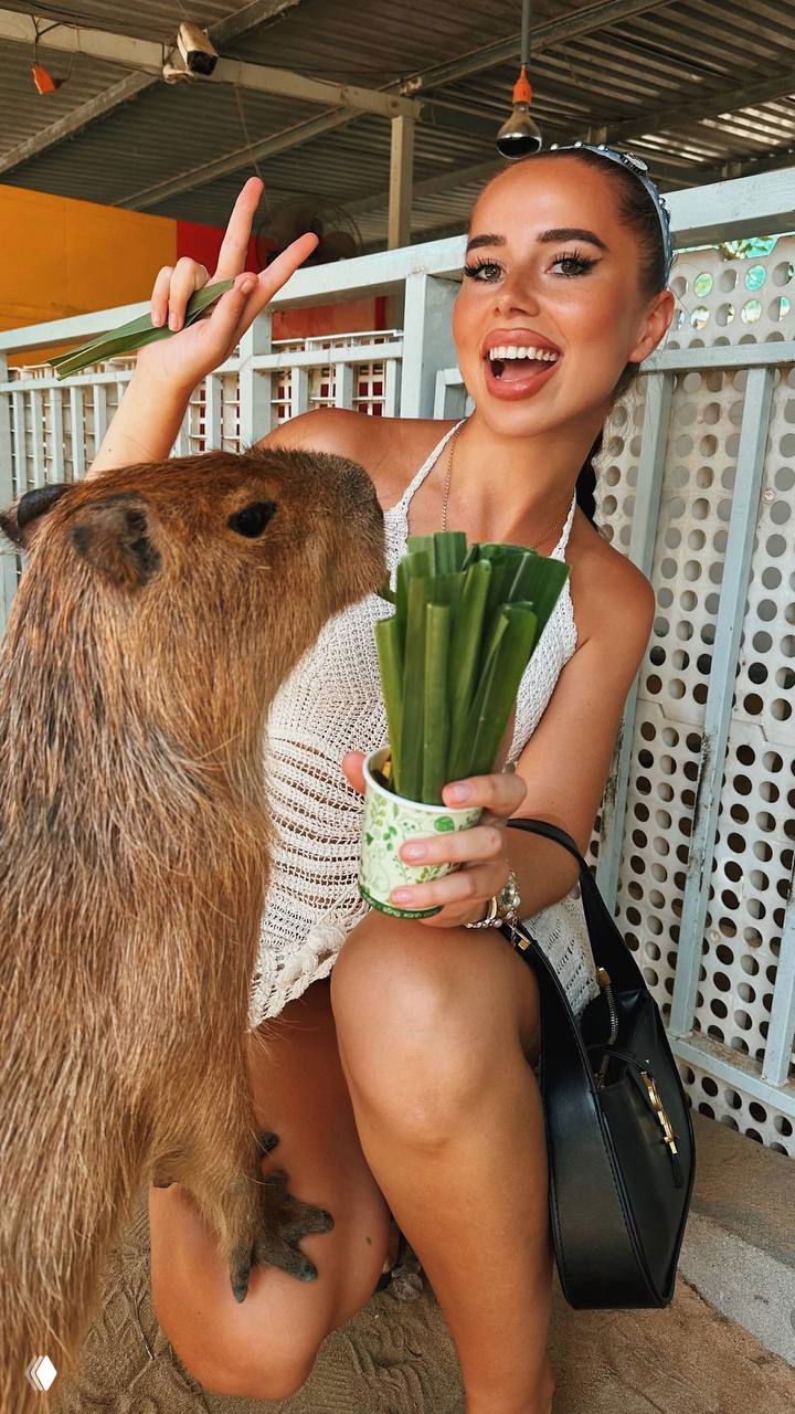 Авторка кормит капибару или крупное грызуноподобное животное, она улыбается, держит зелёные листья в руках в тёплой атмосфере