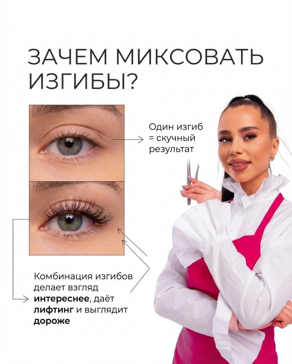 Сравнение до и после миксования изгибов: два фото глаза демонстрируют, как комбинация изгибов даёт более интересный и лифтящий эффект взгляда.