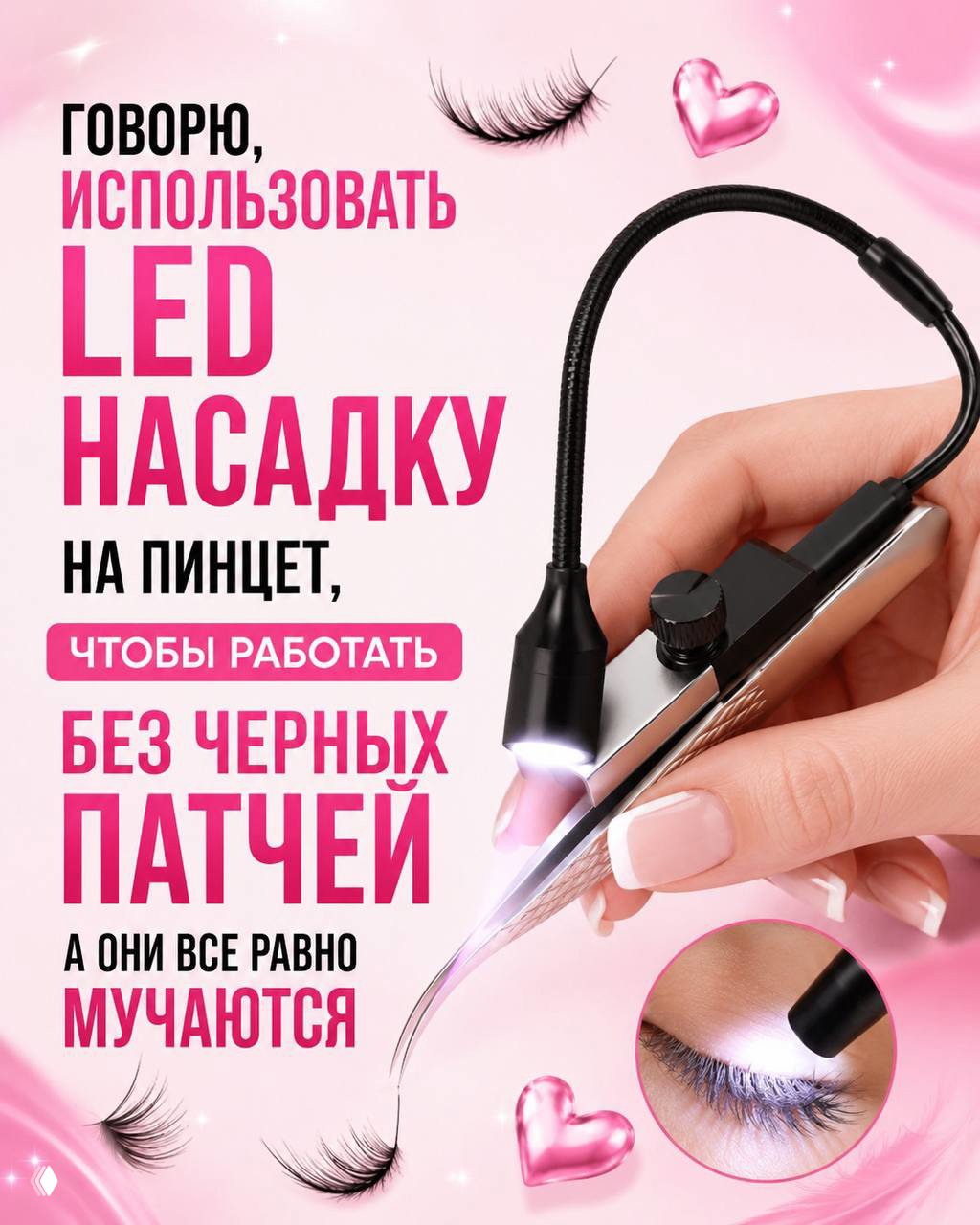 Фотография LED‑насадки на пинцет в руке мастера, подсвечивающая рабочую зону и показывающая пример аккуратной работы с ресницами без чёрных патчей.