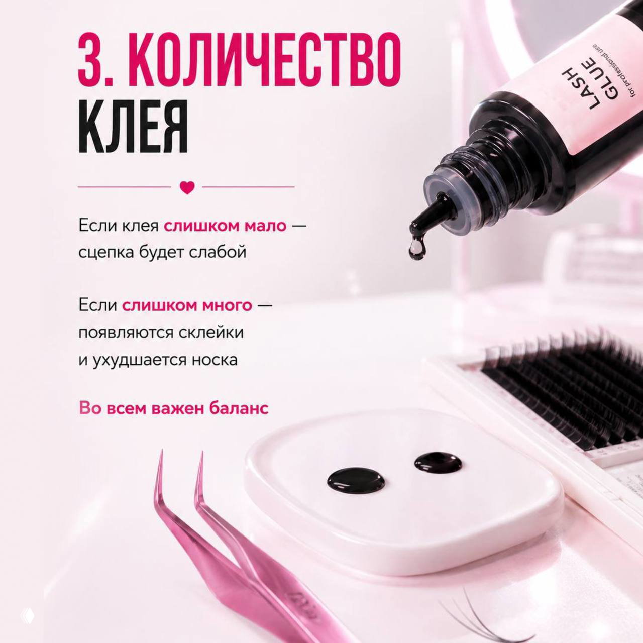Слайд 3: изображение капли клея и палитры с клеем, пинцеты и лоток ресниц, визуализация количества клея и потребности в балансе.