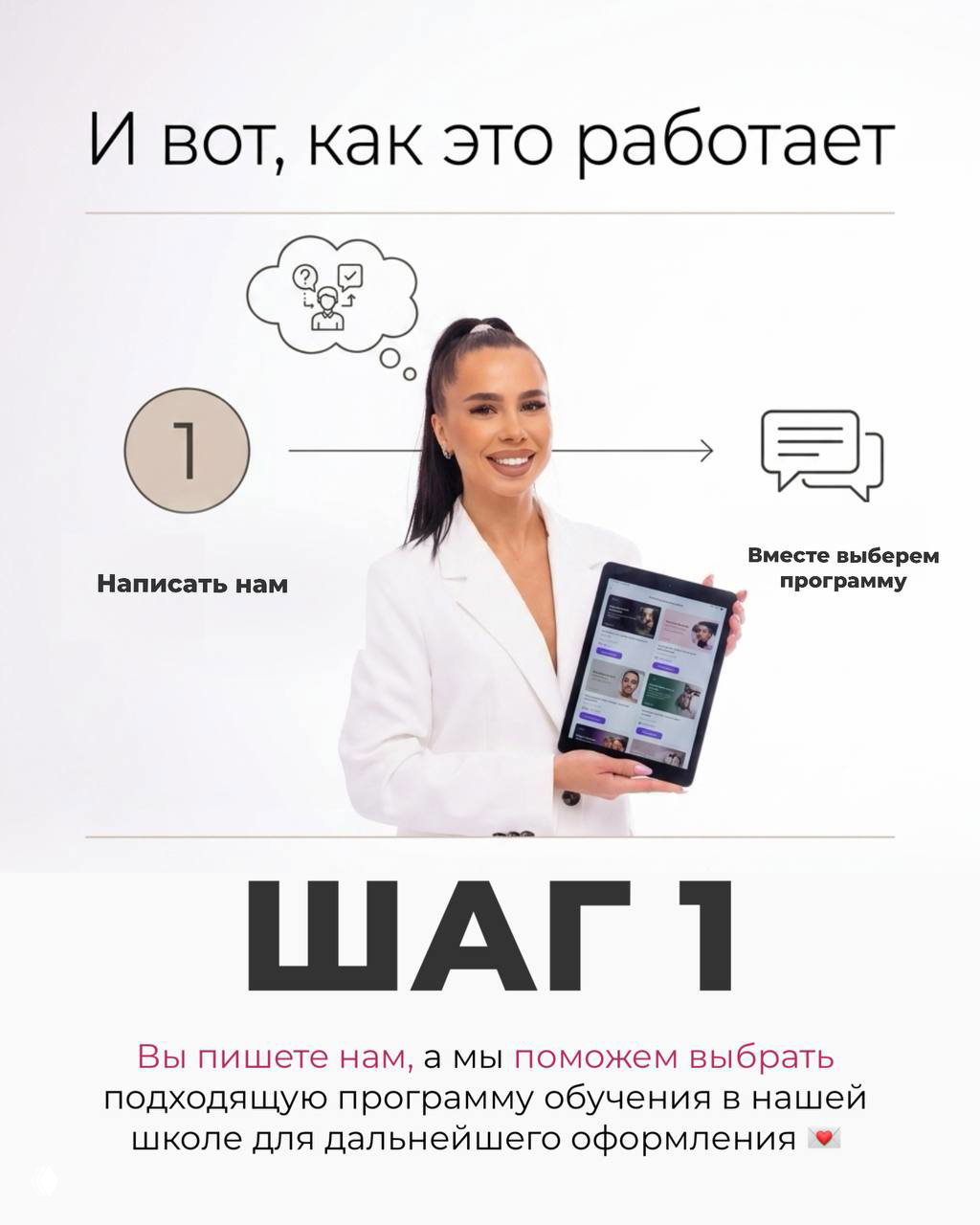 Слайд «И вот, как это работает»: автор показывает планшет с программами обучения, шаг 1 — написать и выбрать программу для оформления соцконтракта