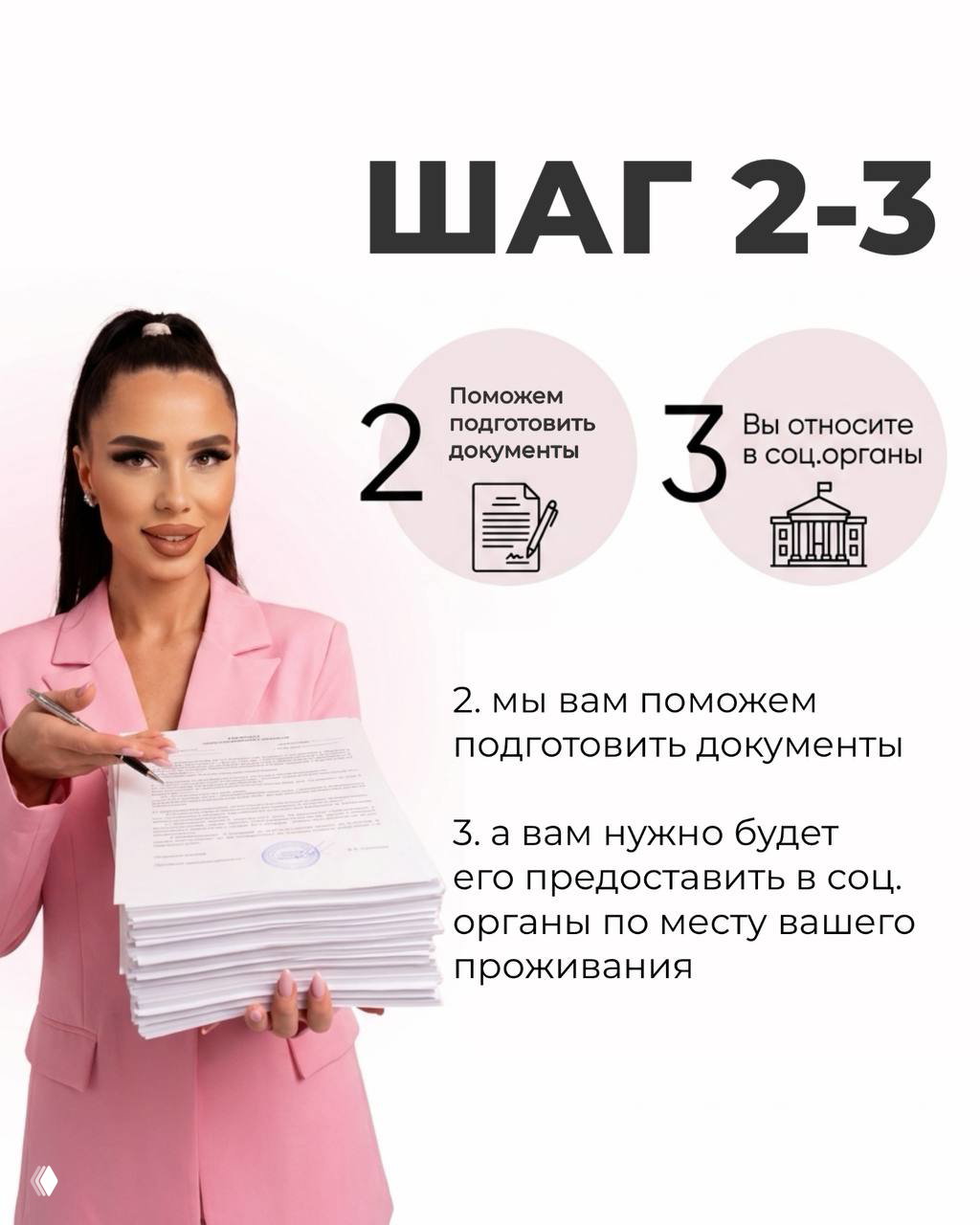 Автор держит стопку документов: шаги 2–3 — подготовка документов и их подача в соцорганы по месту жительства для оформления соцконтракта