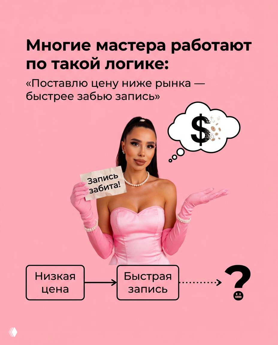 Инфографика: логика мастеров, ставящих низкую цену; автор в розовом платье держит табличку «Запись забита» и схема «низкая цена → быстрая запись».