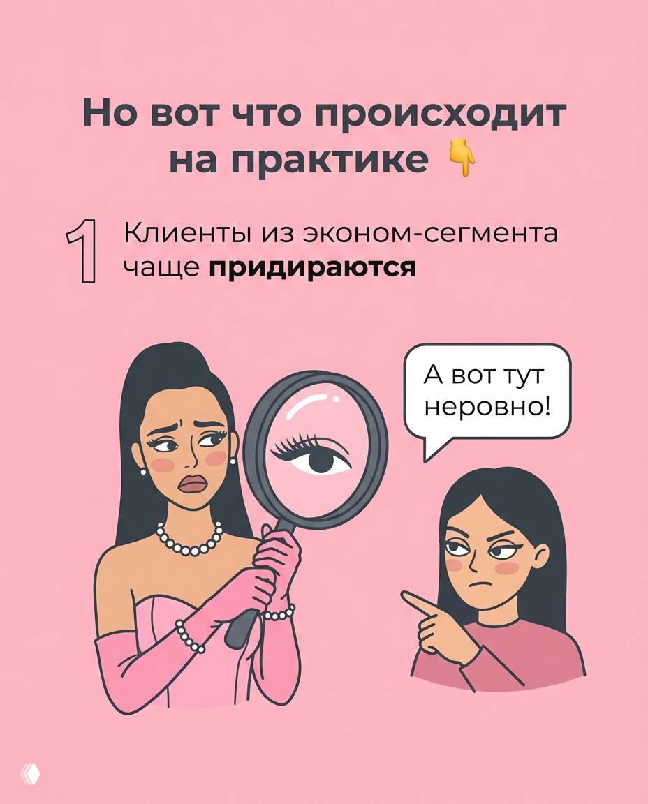 Слайд №1: иллюстрация клиента с лупой и придирчивой посетительницей; подпись о том, что клиенты эконом‑сегмента чаще придираются к ресничкам.
