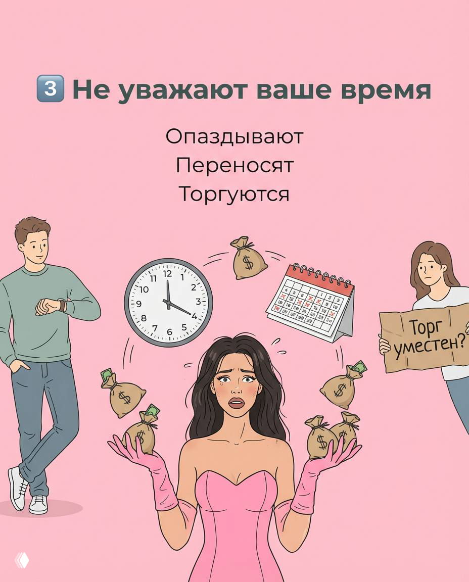 Слайд №3: иллюстрация мастера, окружённой часами, календарём и денежными мешками; подпункты: опаздывают, переносят, торгуются — не уважают время.