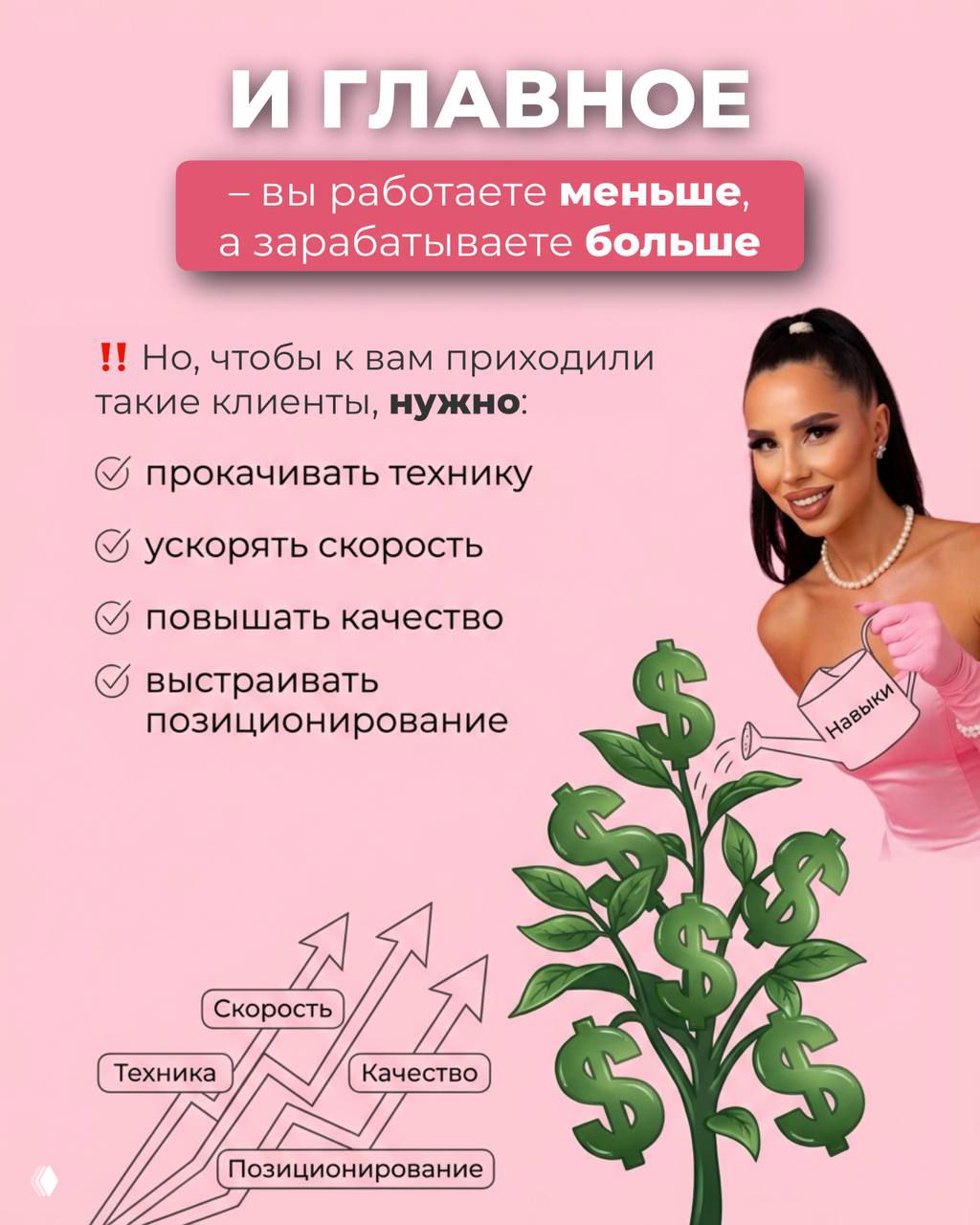Слайд с советами: вы работаете меньше, а зарабатываете больше; пункты — прокачивать технику, ускорять скорость, повышать качество, выстраивать позиционирование.