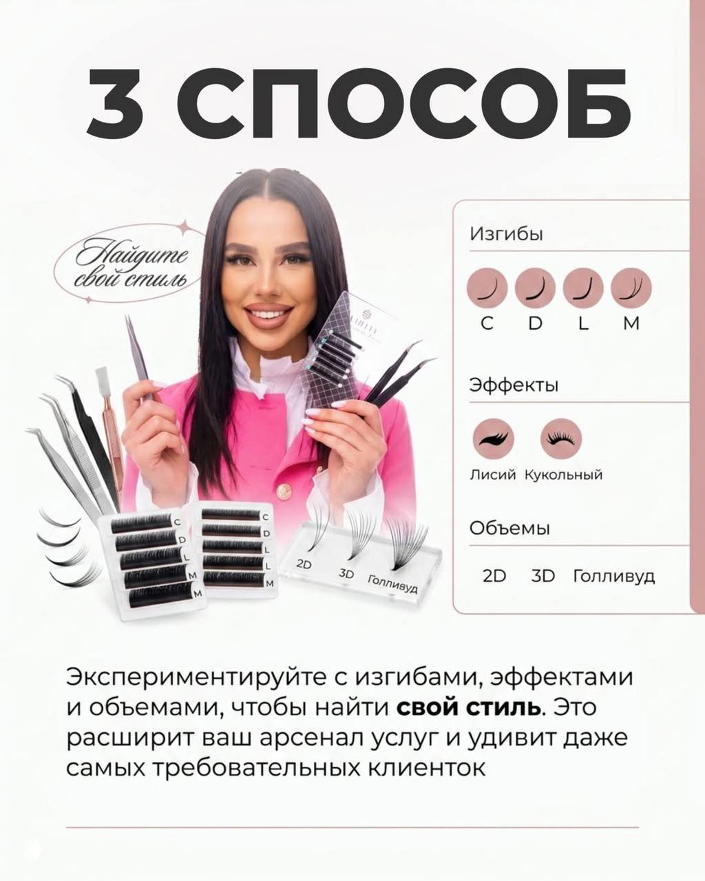 Автор демонстрирует инструменты и различные изгибы ресниц (C, D, L, M) и примеры эффектов — подсказка по экспериментам со стилем