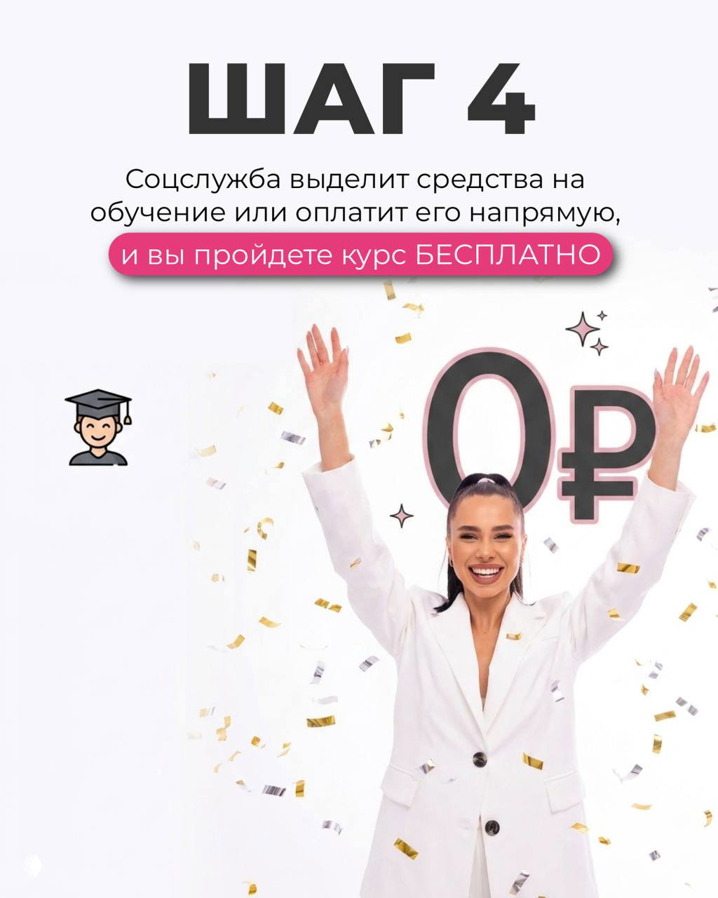 Праздничный слайд с автором в белом пиджаке и символом 0₽: соцслужба выделяет средства, и курс можно пройти бесплатно — шаг 4 оформления