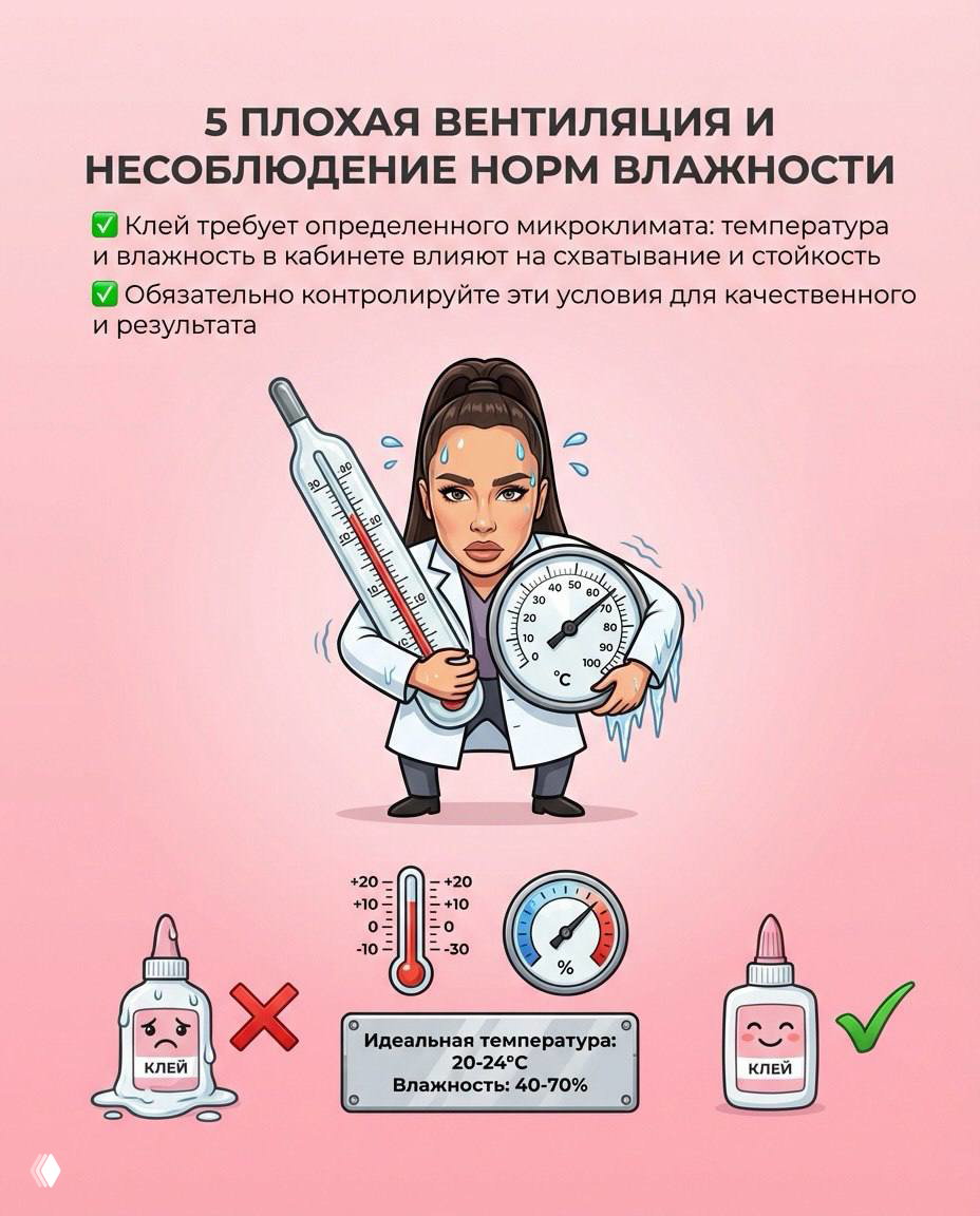 Инфографика о плохой вентиляции и нормах влажности: идеальная температура 20–24°C, влажность 40–70%, значки термометра и клея.