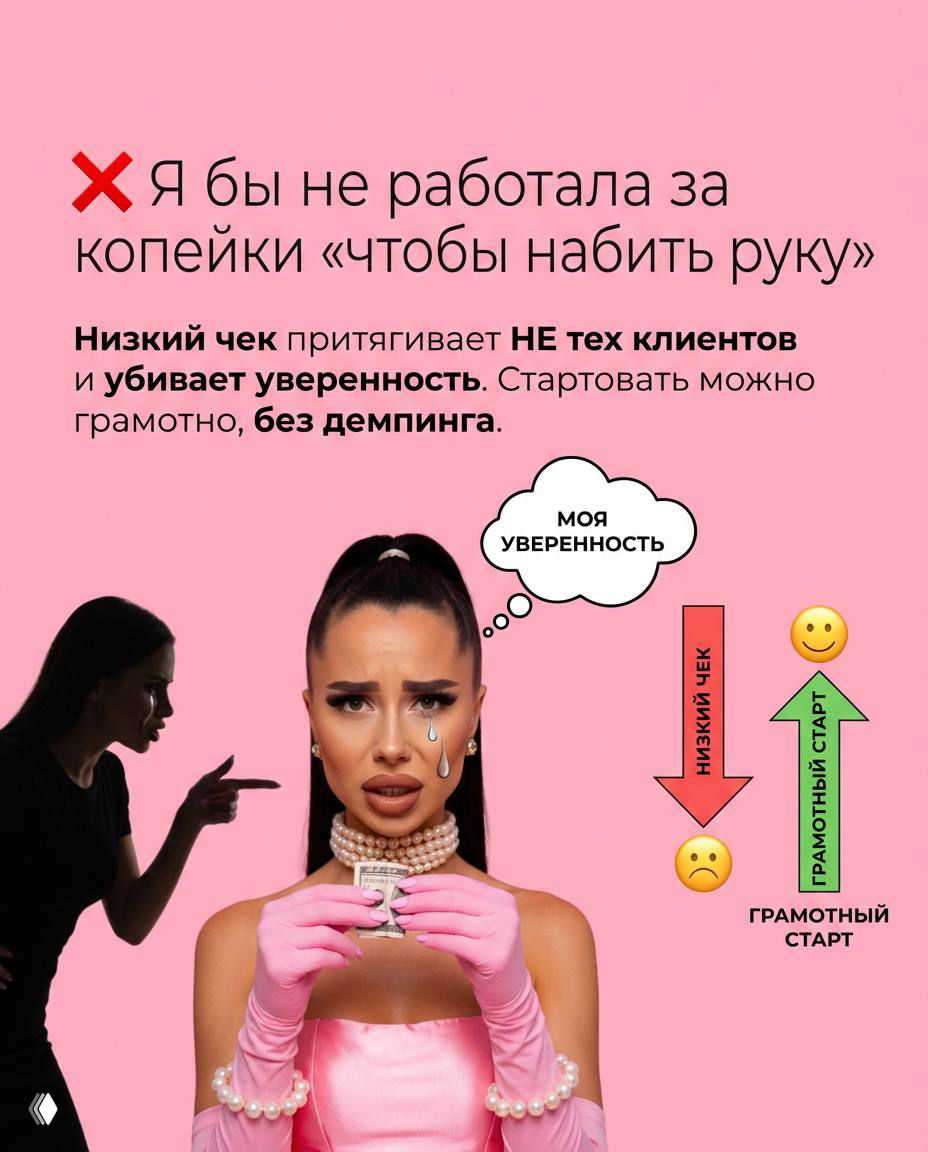 Слайд о работе за низкую оплату: автор держит купюру, текст объясняет, что низкий чек убивает уверенность и притягивает не тех клиентов.