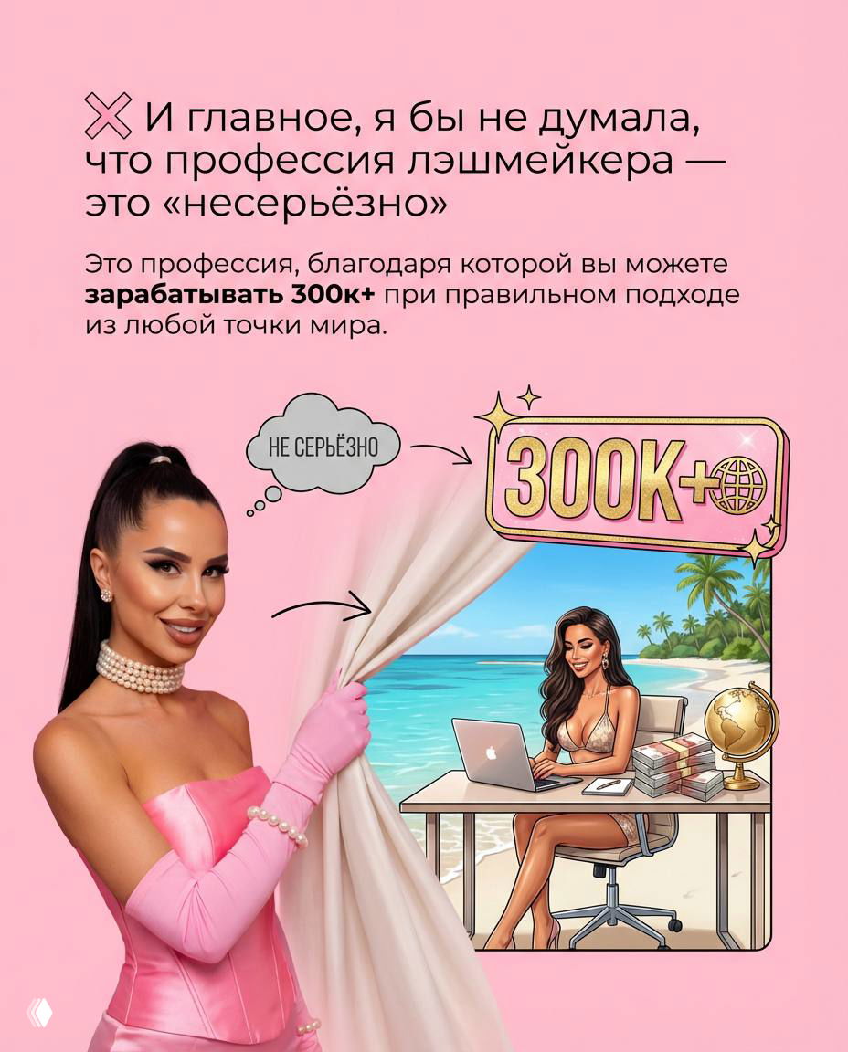 Слайд о серьёзности профессии: автор улыбается на розовом фоне, рядом иллюстрация удалённой работы на пляже и цифра «300K+» как пример потенциального дохода.