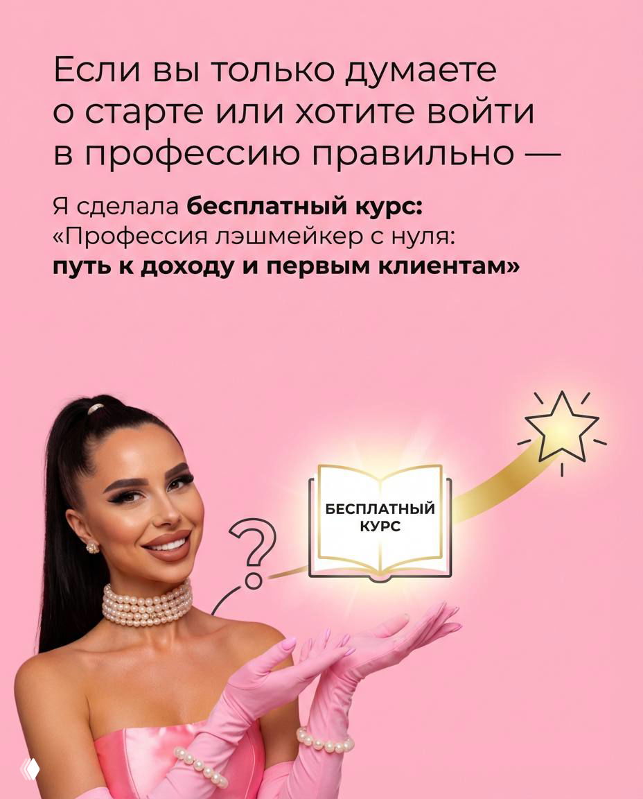Слайд с призывом записаться на бесплатный курс: автор на розовом фоне и иконка книги, кампания предлагает путь к доходу и первым клиентам.