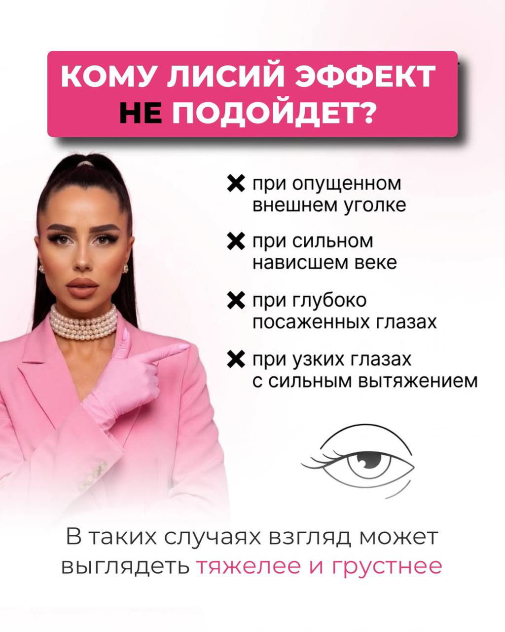 Слайд с перечислением случаев, при которых лисий эффект не подойдёт: опущенный внешний угол, нависшее веко, глубоко посаженные глаза и узкая форма