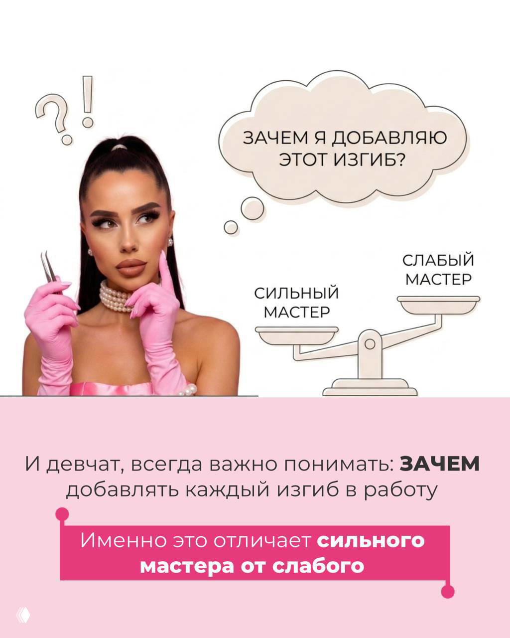 Слайд с вопросом «Зачем я добавляю этот изгиб?»: модель, весы и иллюстрация сильного и слабого мастера, объясняющие выбор изгиба.