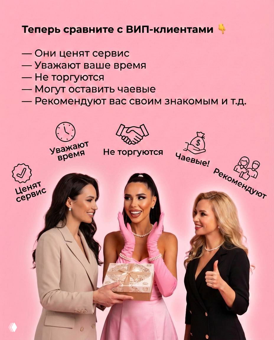 Сравнительный слайд: три женщины, автор в центре; перечисление качеств VIP‑клиентов — ценят сервис, не торгуются, дают чаевые и рекомендуют.