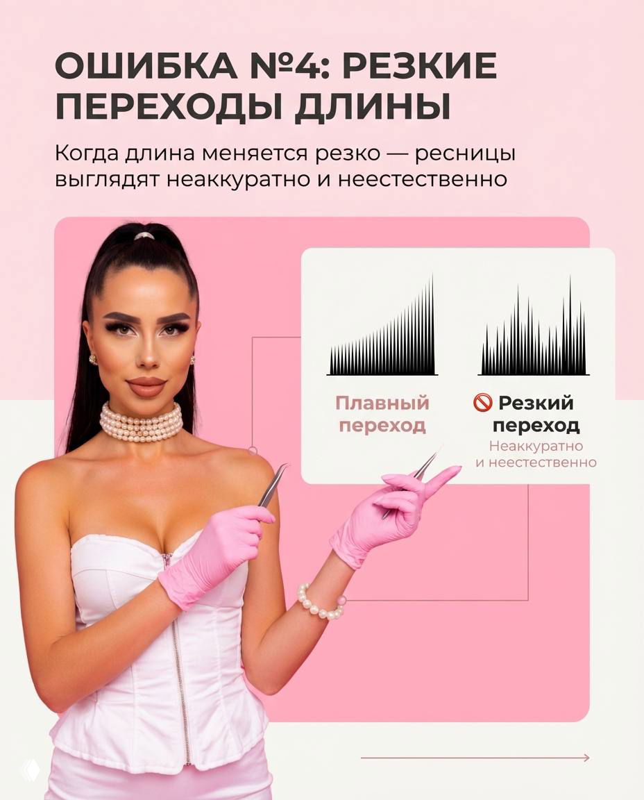 Слайд: резкие переходы длины — графики плавного и резкого перехода ресниц, объясняющие почему резкие переходы выглядят неестественно, рядом фото автора.