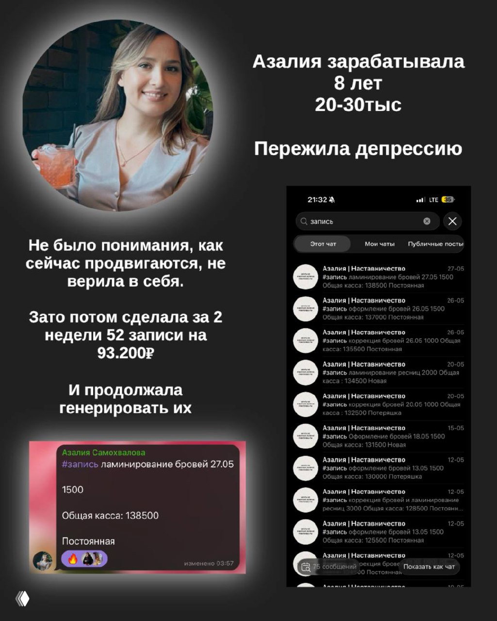 Скрин‑коллаж с результатами ученицы: достижения — 52 записи за 2 недели, цифры дохода и список записей в чате.