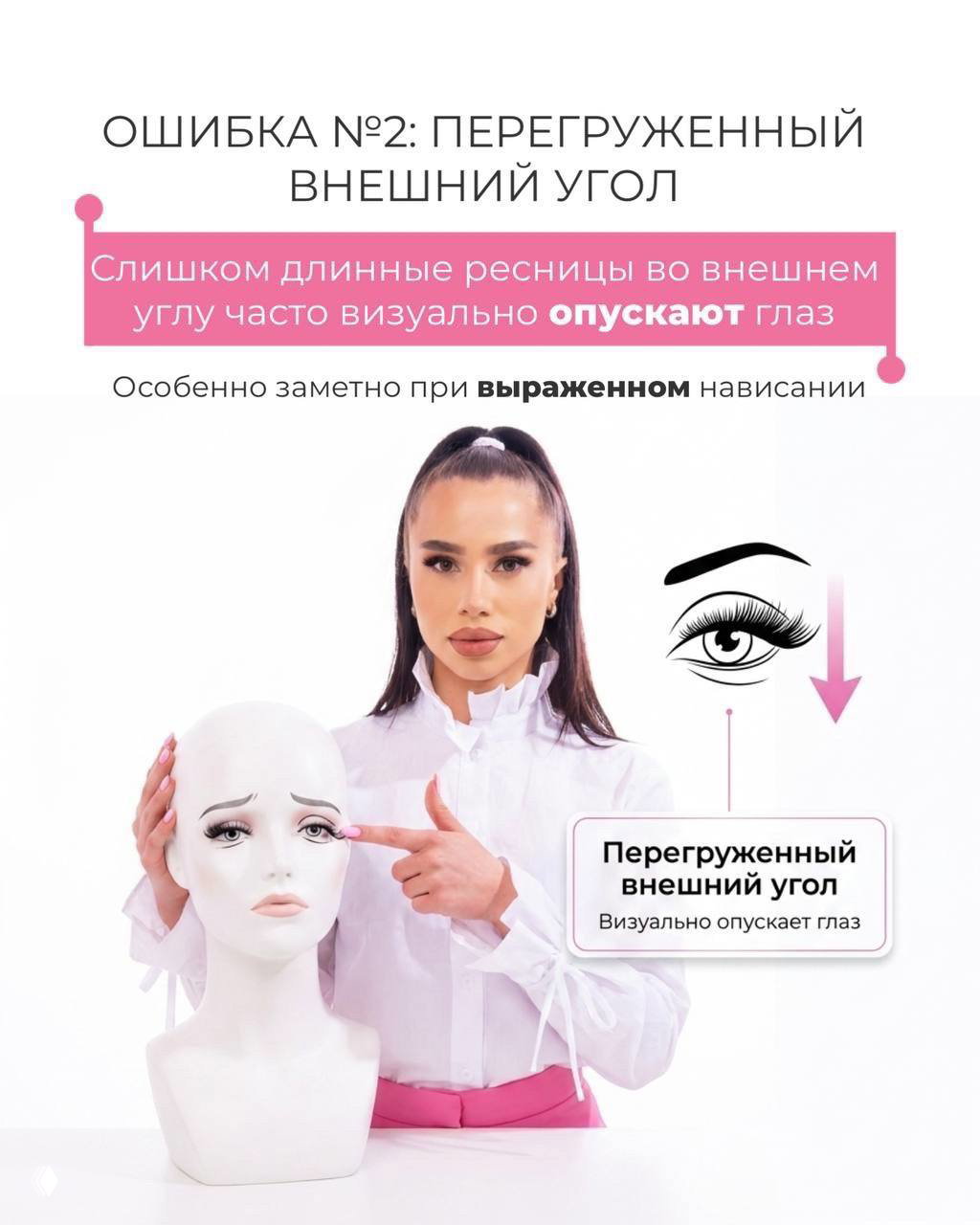 Автор показывает манекен и объясняет, как перегруженный внешний угол длиной ресниц визуально опускает глаз и портит форму
