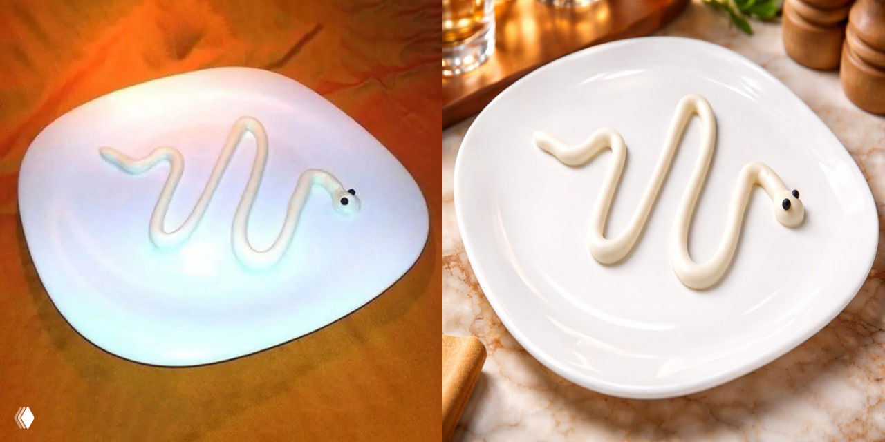 Белая тарелка с художественным соусом: оттенки и отражения скорректированы нейросетью, результат похож на коммерческую фуд-фотографию.