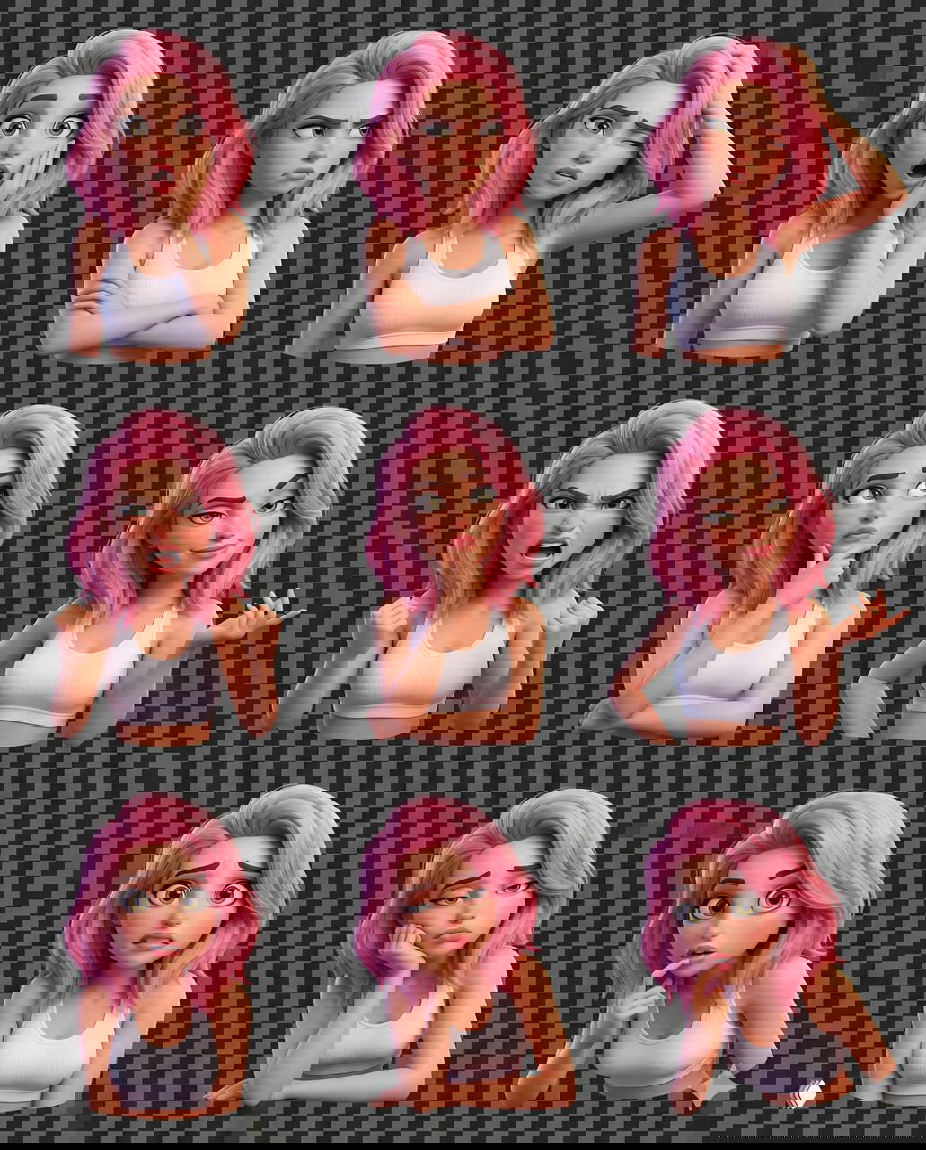 Коллаж 3×3 Pixar‑стикеров: девушка с розовыми волосами в белой майке, девять эмоциональных поз на прозрачном фоне, готово для стикеров.