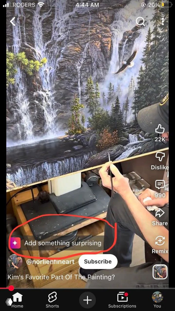 Ещё один скриншот интерфейса Shorts: заметна подсказка «Add something surprising», на переднем плане — художник и деталь картины с водопадом.