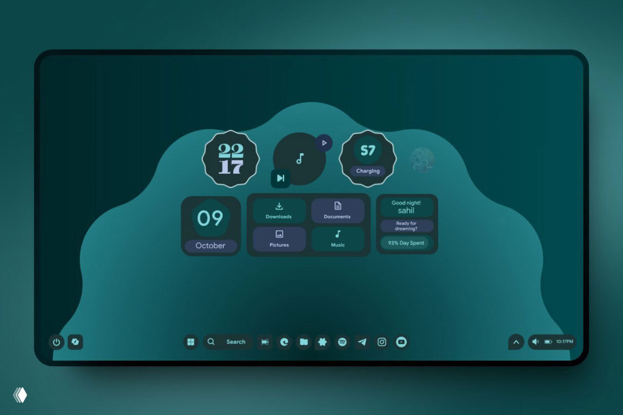 Скриншот: тёмно‑зелёный Material You‑стиль с округлыми виджетами Rainmeter — часы, плитки и индикаторы.