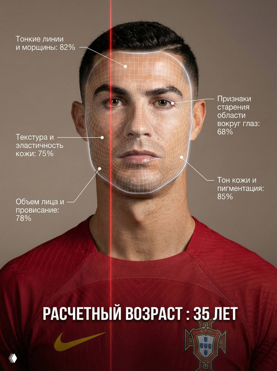 Портрет мужчины с сеткой 3D-анализа лица, красной вертикальной линией и процентными метками по пяти зонам старения кожи.