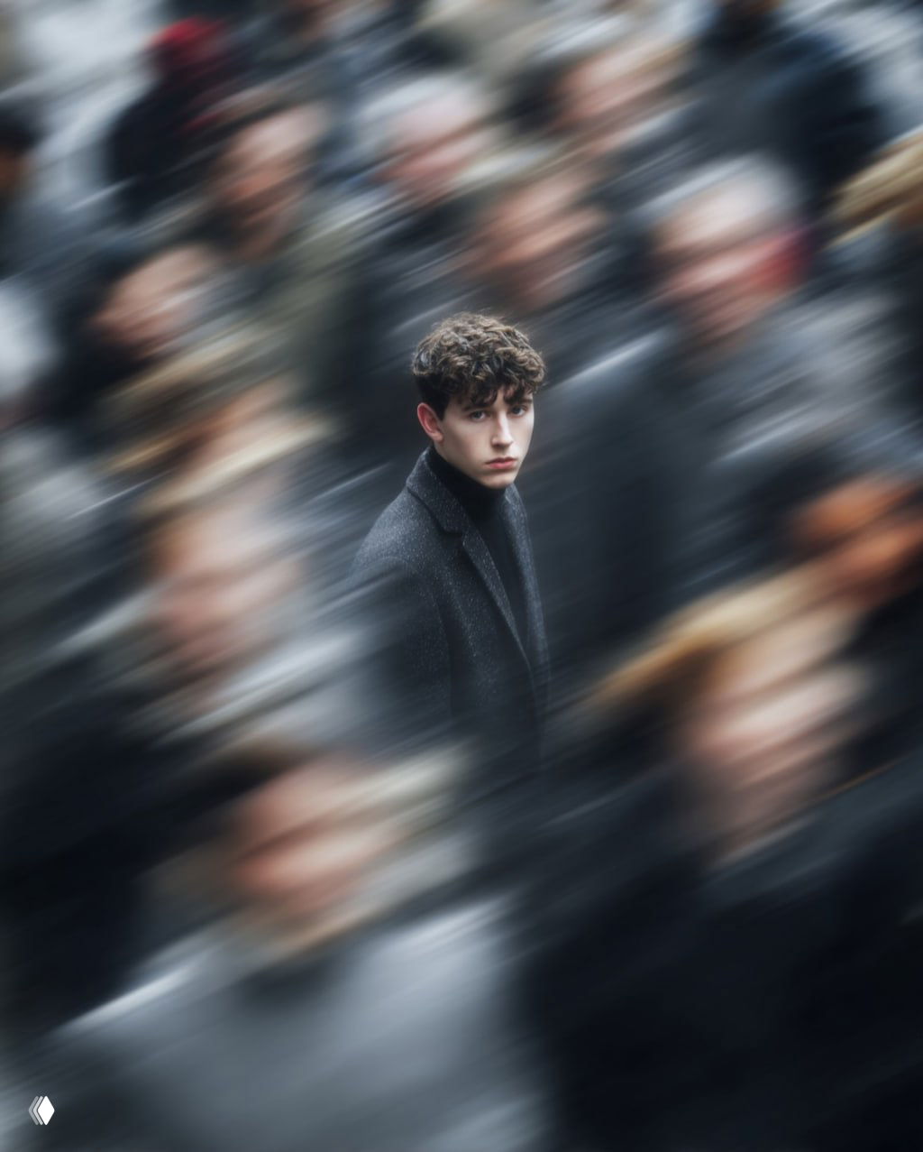 Высокий портрет молодого человека среди множества прохожих; сильное диагональное размытие, эффект скорости и выраженный фокус на субъекте.