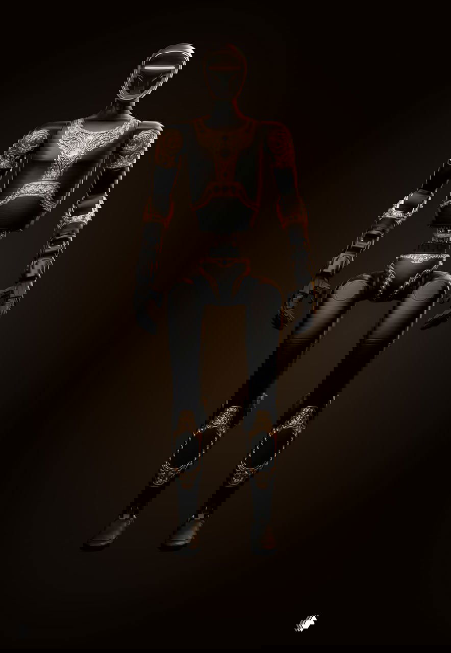 Полнофигурный кадр робота Robot Prince Aladdin на тёмном фоне: чёрный корпус с золотыми орнаментами и драгоценными вставками.