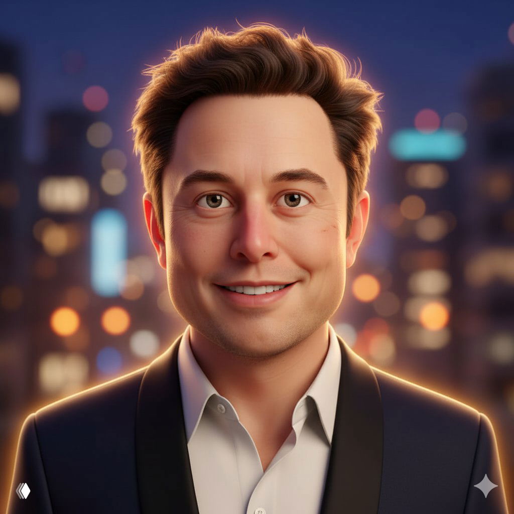 3D‑портрет в стиле Pixar: мягкое тёплое освещение, улыбающийся мужчина в пиджаке на фоне уютного вечернего городского боке с огнями.