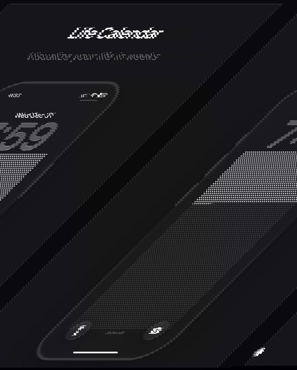 Другой вид тёмного экрана телефона с «Life Calendar»: сетка маленьких точек частично заполнена, отображая прошедшие недели или дни.