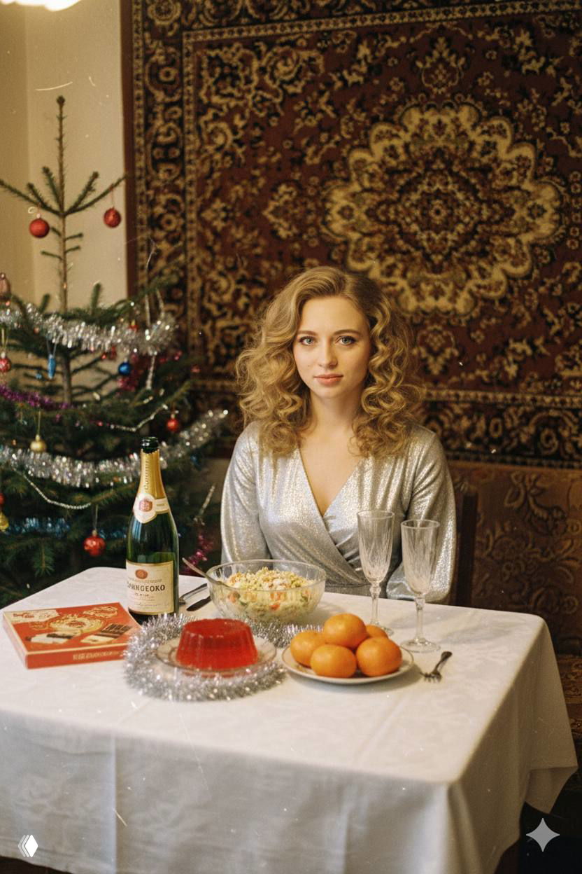 Женщина за столом в советской обстановке: бутылка «Советское шампанское», чашка с оливье, желе, мандарины и маленькая елка с дождиком на фоне ковра.