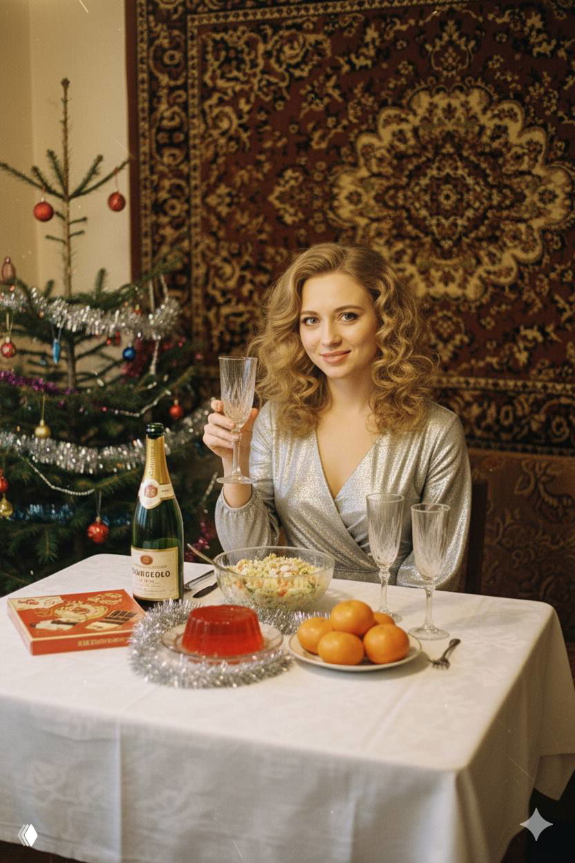 Женщина в серебристом платье поднимает бокал за праздничным столом: белая скатерть, кристальные бокалы, тёплое желтоватое освещение и зернистость плёнки.