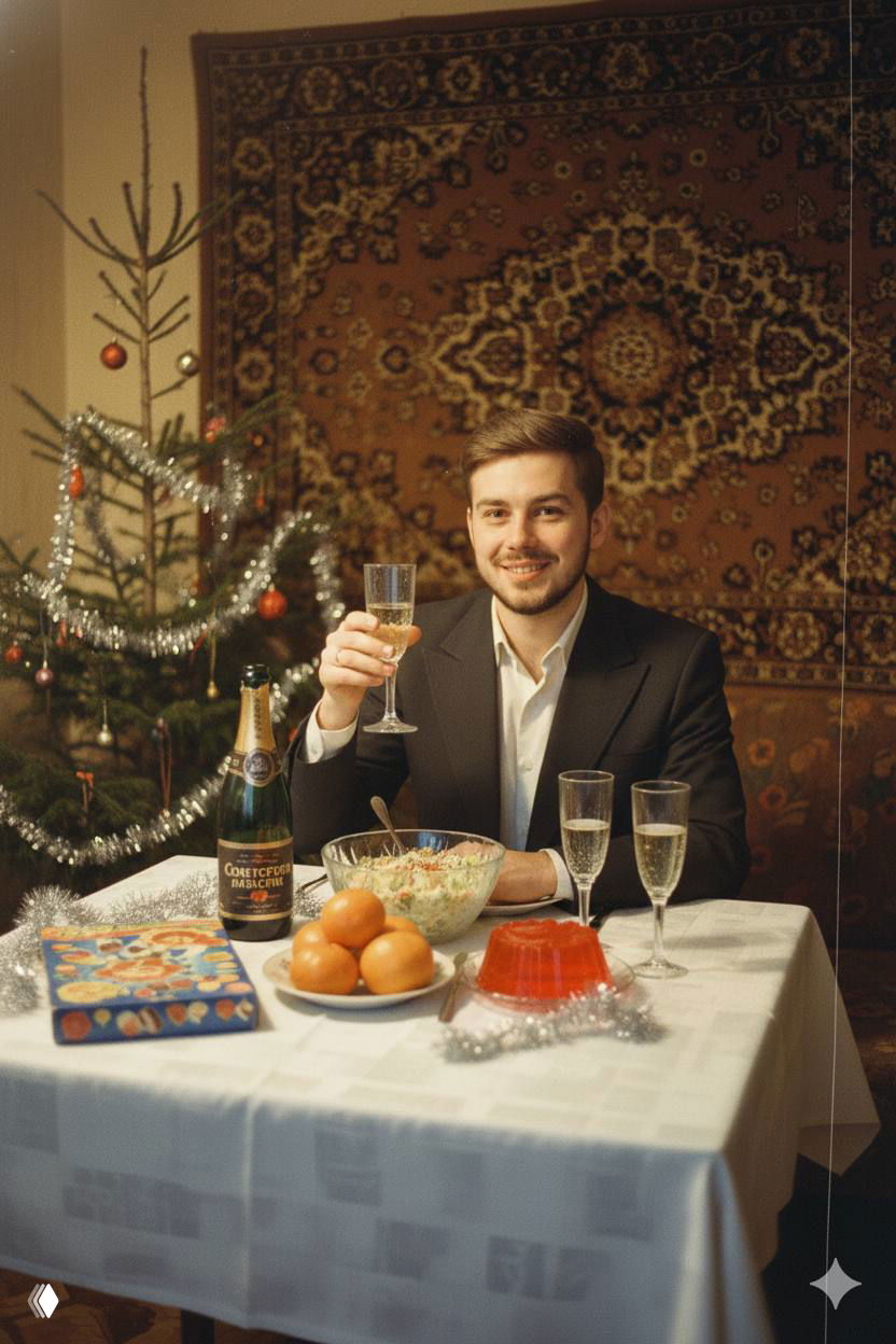 Мужчина в тёмном пиджаке за новогодним столом в советском интерьере: бутылка шампанского с кириллицей, миска оливье, мандарины, ёлка и ковёр на стене.