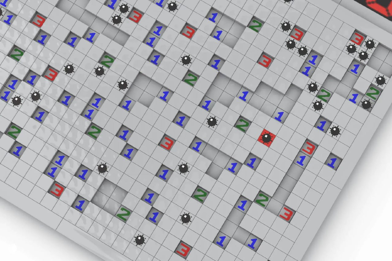 Диагональный ракурс LEGO‑поля Сапёра: ряды клеток с синими "1", зелёными "2", красными "3" и маленькими чёрными моделями мин, в светлом рендере.