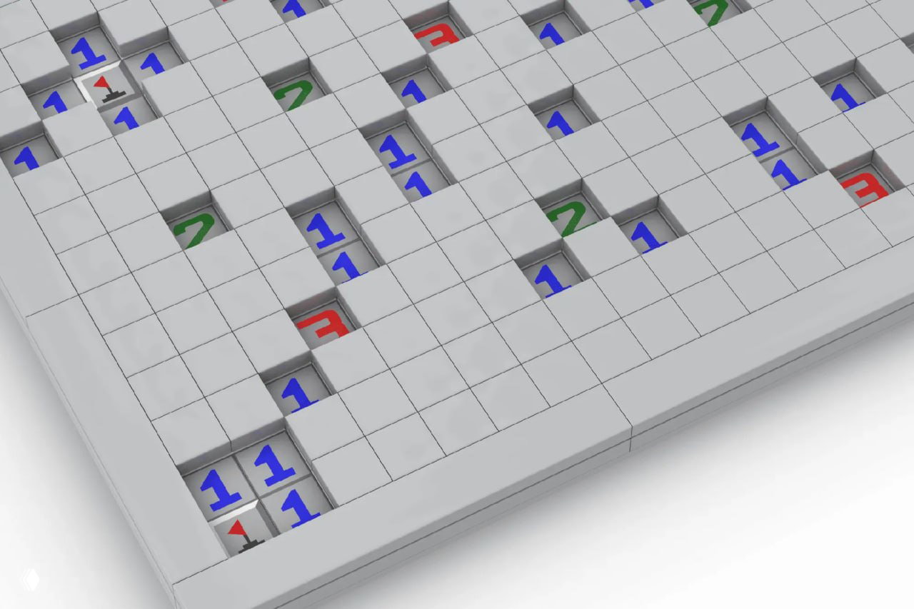 Макро‑вид угла LEGO‑поля Сапёра: снятые плитки, видимые цифры 1/2/3 и отдельные мини‑модели мин, собранные из деталей конструктора в светлом рендере.