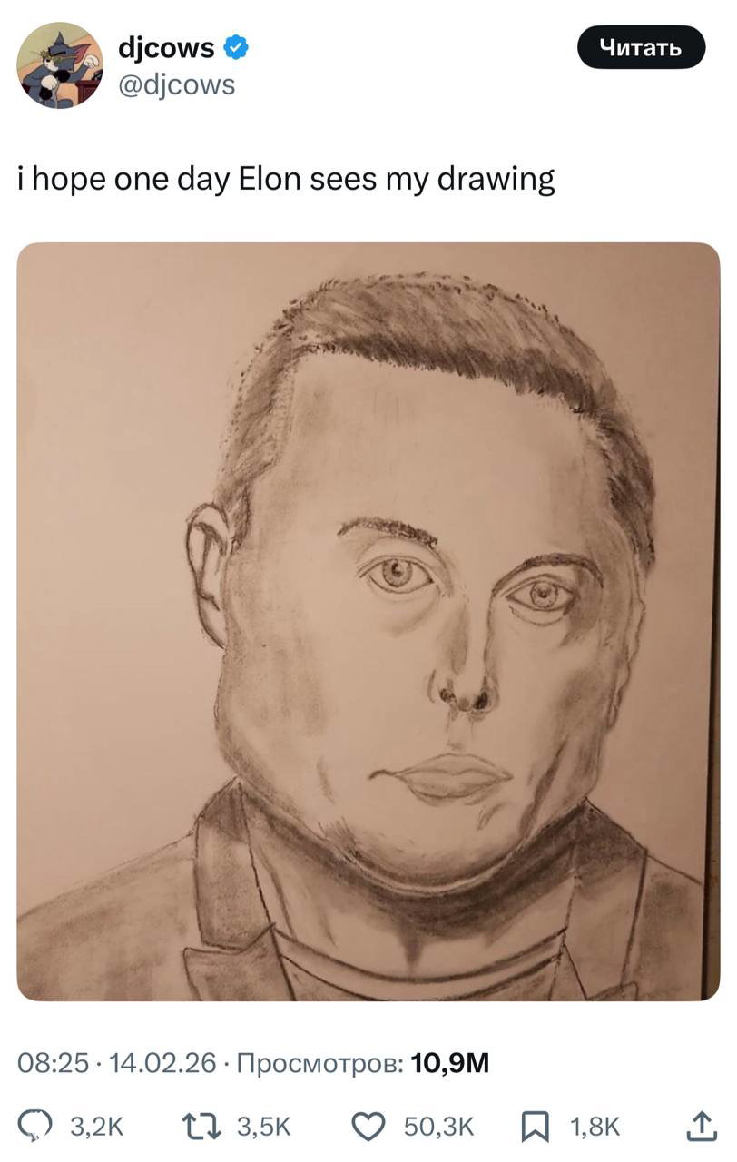 Фотография карандашного портрета Илона Маска из твита с подписью «i hope one day Elon sees my drawing» и отметкой просмотров около 10,9 млн.
