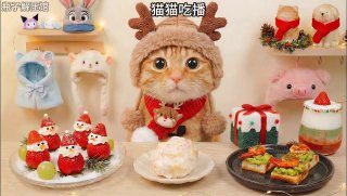 Кот в праздничном рождественском колпаке за сервированным столом с десертами и закусками — сценка для нейровидео-мукбэнга с праздничным оформлением.