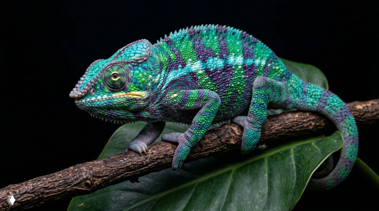 Крупный план яркого хамелеона с насыщенной зелено-фиолетовой чешуёй на ветке — демонстрация детализации и цветовой палитры генерации.