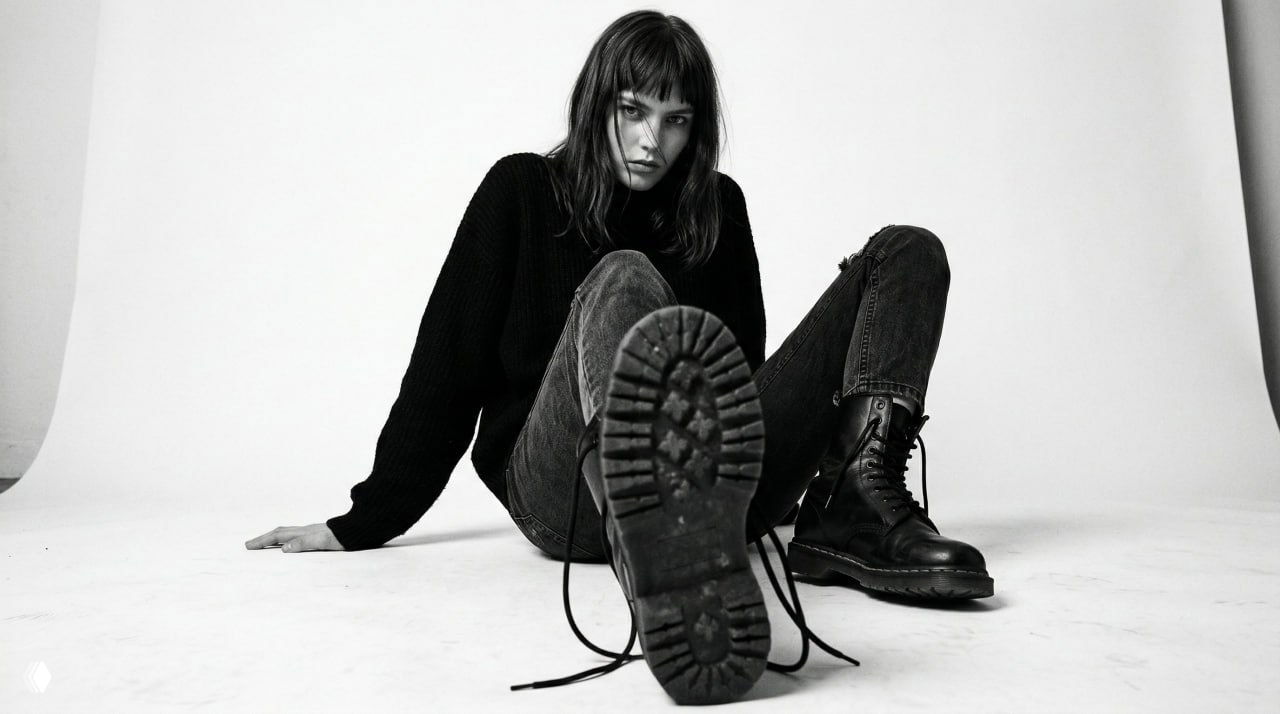Чёрно‑белая студийная фотография модели в ботинках, акцент на текстуре и контрасте, пример стилистики изображений.