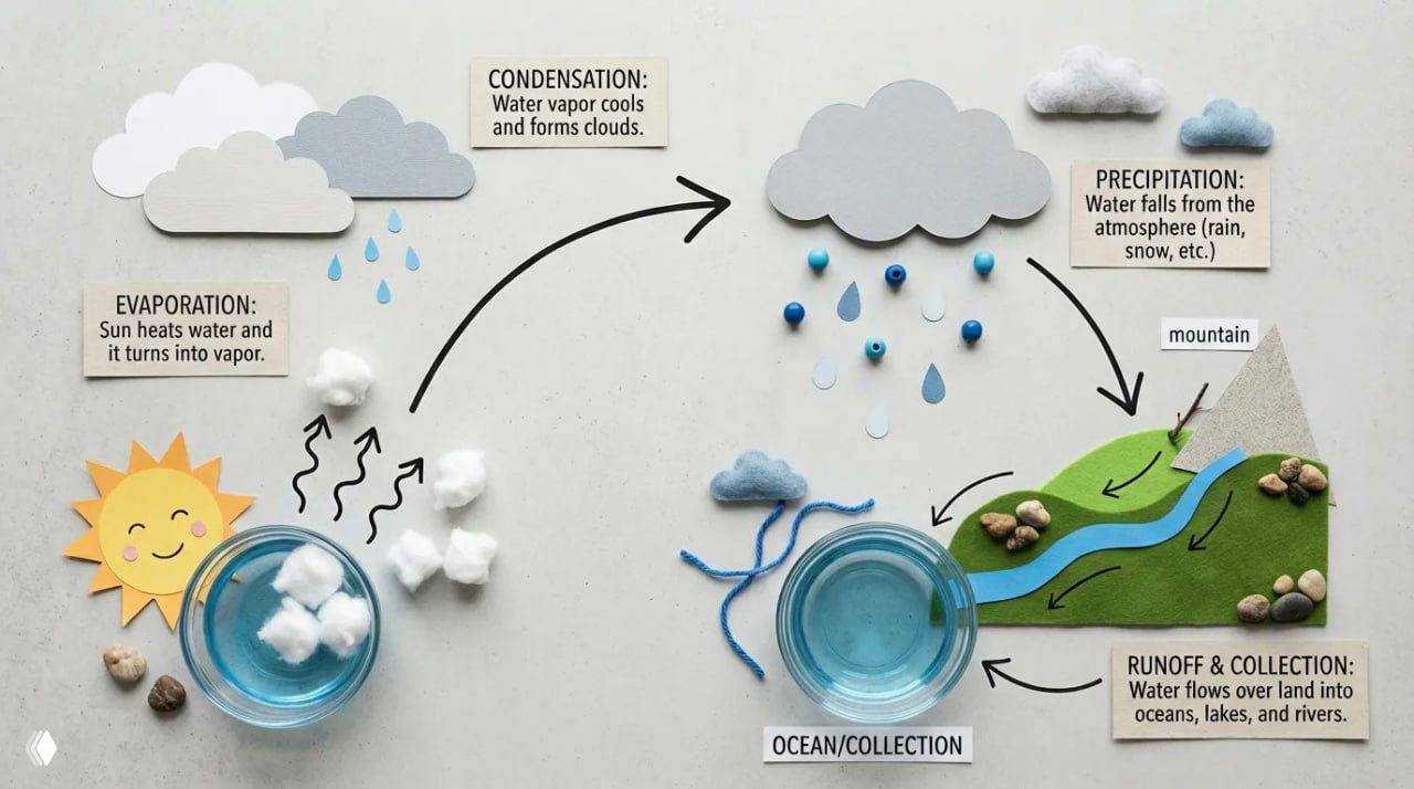 Инфографика цикла воды: схематичное изображение испарения, конденсации и осадков с подписями и простыми визуальными элементами.