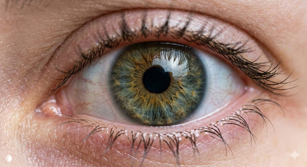 Макрокадр человеческого глаза: детальная текстура радужки и ресниц, демонстрация высокой разрешающей способности изображения.