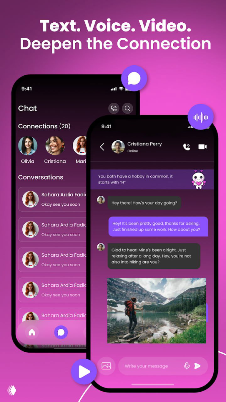 Скриншот чата в приложении Fate: тёмно-фиолетовый интерфейс с диалогом, списком соединений и иконками текста, голоса и видео для общения.